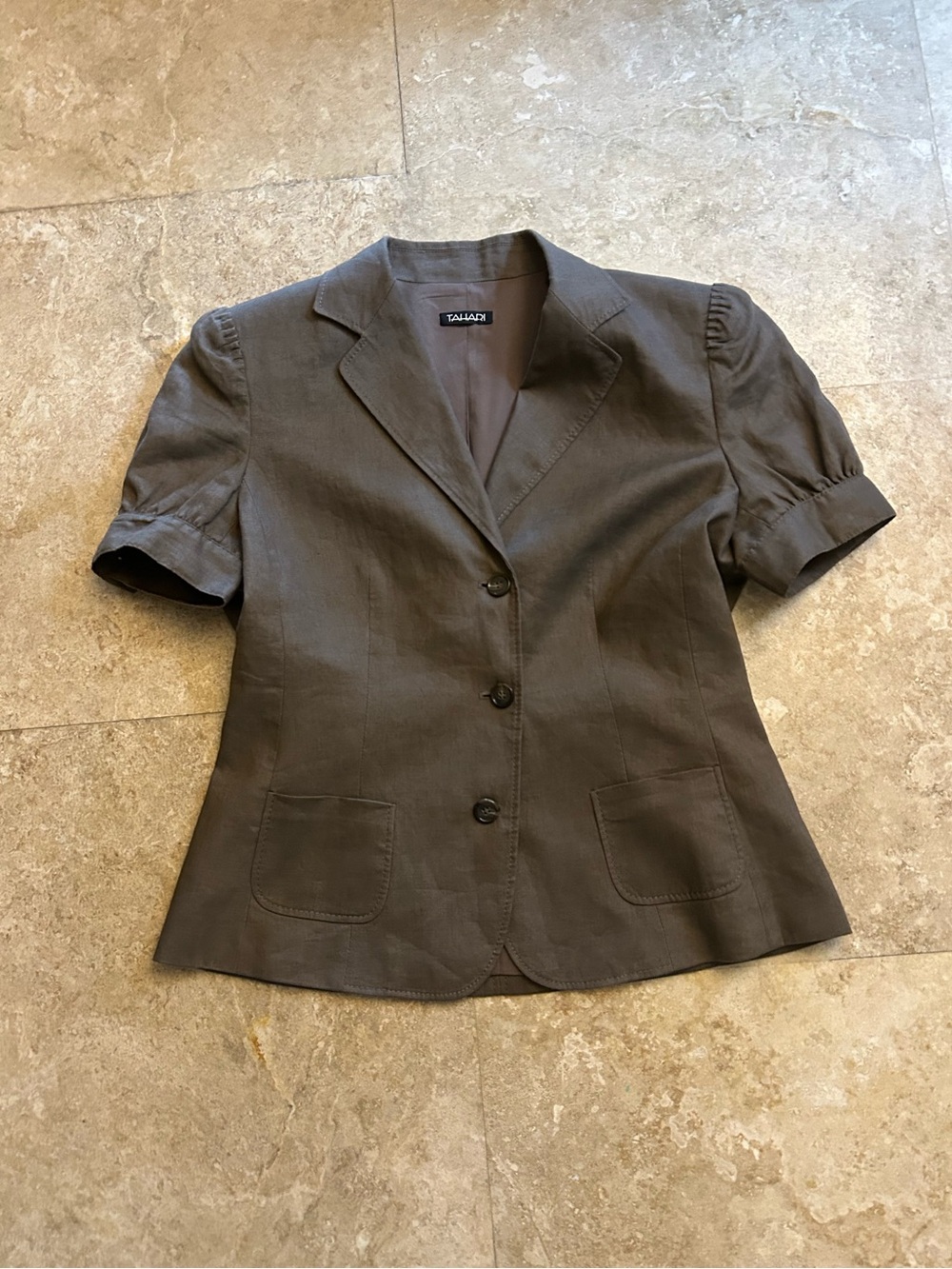 Tahari Olive/Brown Java(Neutral)Short-Sleeve Notch-Lapel Stitching Design Blazer - Picture 2 of 16